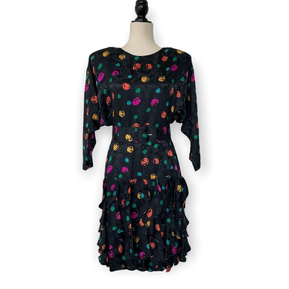 Vintage 80s Maggie London 100% Silk Drop Waist Print Size Small Dress - Picture 2 of 8